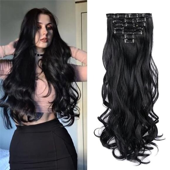 22 Inch Clip In Hair Extensions 7 PCS Long Wavy Synthetic Black Hair Extension - Picture 7 of 7